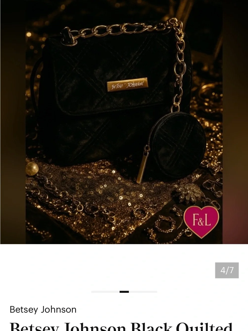 Betsey Johnson Black Quilted Velvet Crossbody with Coin Pouch and Gold Chain